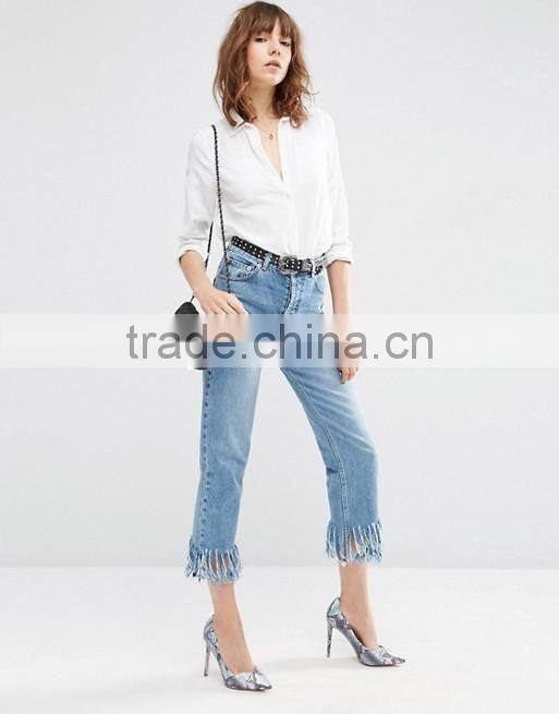 New pattern Latest design jeans pants women tight jeans flared with tassel from jeans manufacturers china