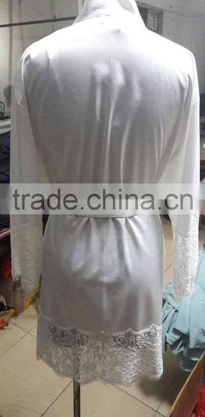 Customize ladies luxury silk satin knee length robe, sexy lace trim long sleeve kimono robe,