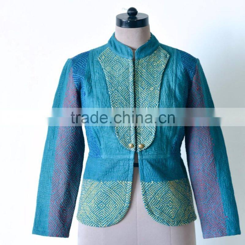 Vintage Kantha Jacket in Viridian green with Embroidery ~ Extra Large