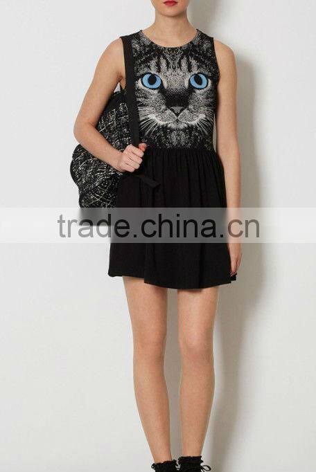 New Fashion Elegant Round Collar Bird Print Dress