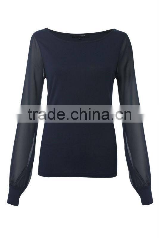 Ladies Jersey Top with sheer sleeves and gathered cuffs
