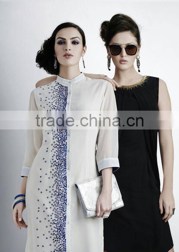 Salmon and Red color with Gold flakes neck design Vogue Designer Kurtis