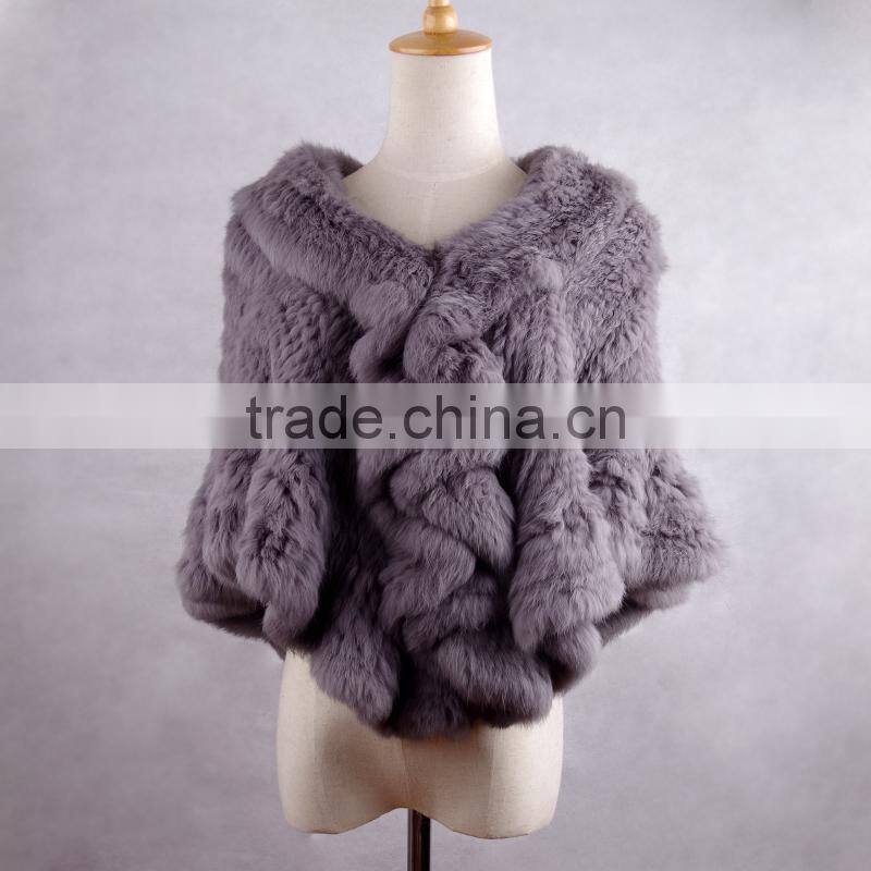 YR433 Women stretch real rabbit fur cape Thick Knit Top Quality Fur Shawl