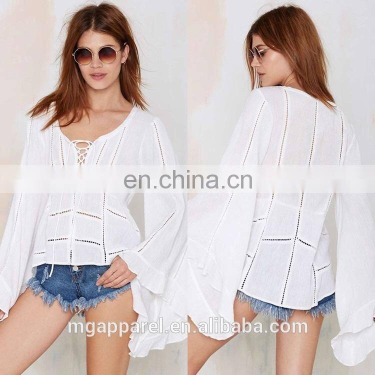 new fashion white 100 cotton top sheer top bell sleeve top selling products in alibaba