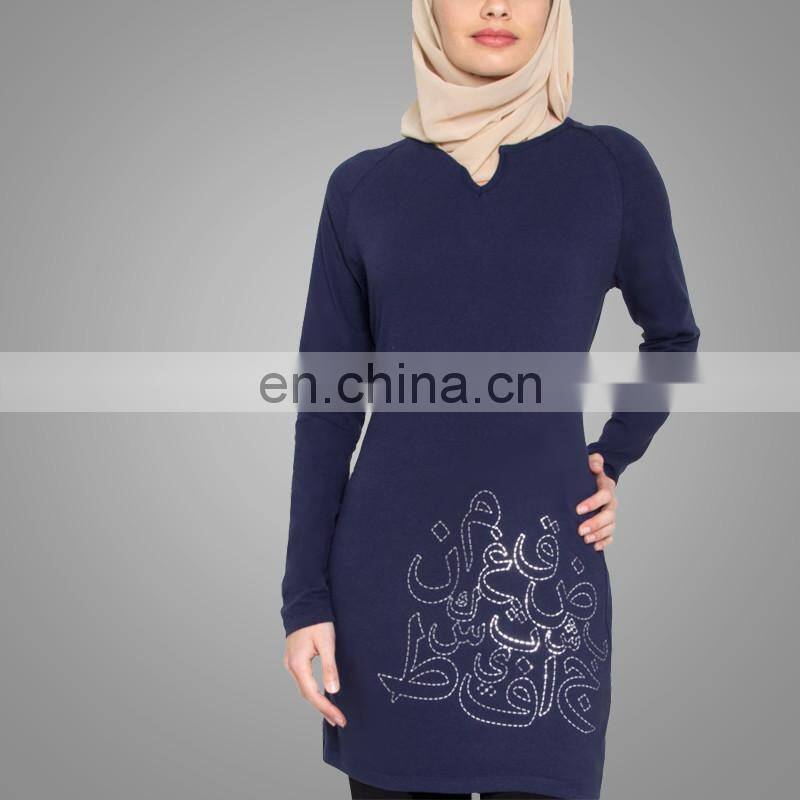 Daily Muslim Ladies Wear Muslim Abaya Script Designer Long Navy Islamic Tunic Muslim Tunic Tops