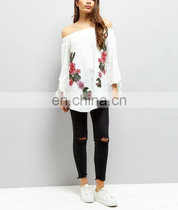 Ladies Floral Embroidered White Shoulderless Long Summer Tops (TP1761702)