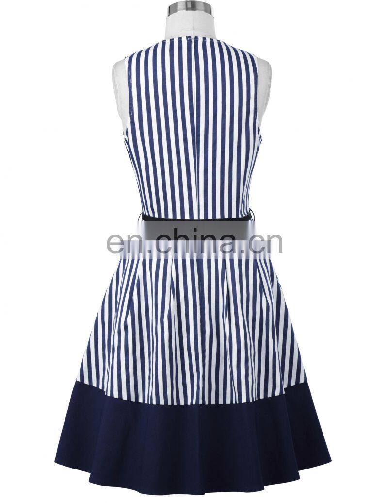 Belle Poque Stripe Pattern Stripped Sleeveless V-Neck A-Line Dress Retro Vintage 50s BP000308-1