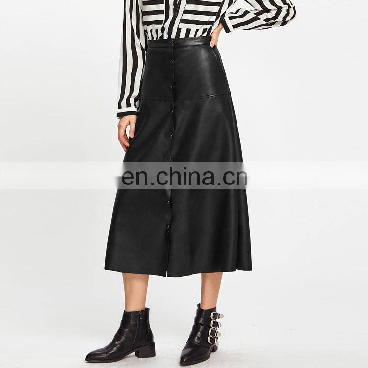 Fashion Ladies High Waist A-Line Button Up Long PU Leather Midi Skirt