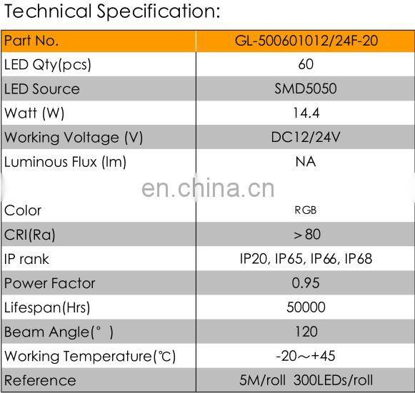 SMD 5050 60leds 14.4w per meter led strip light with ul certification
