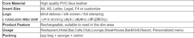 3 pages lighting foldable portable battery operated acrylic material led restaurant menu