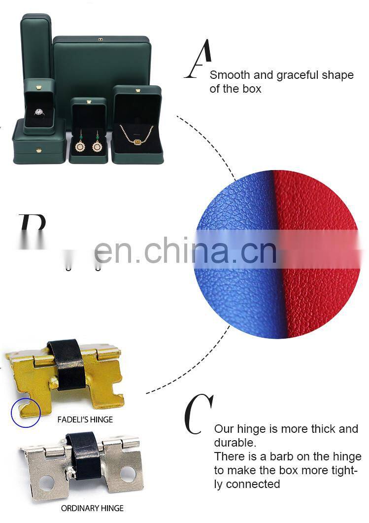Wholesale custom plastic wrapped with green PU leather jewelry case for ring earrings necklace bangle and bracelet packing box