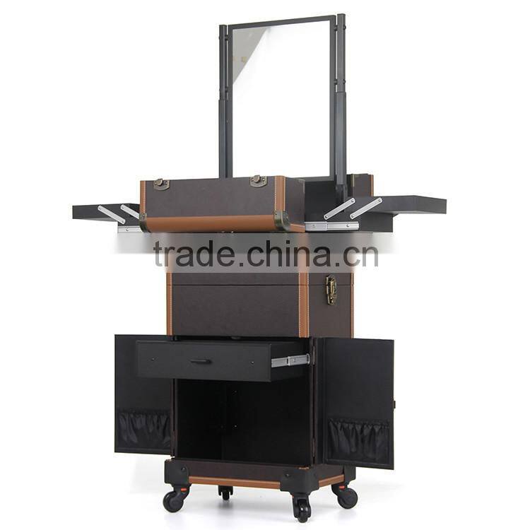 New premium acrylic makeup organizer cosmetic makeup trolley case with mirror
