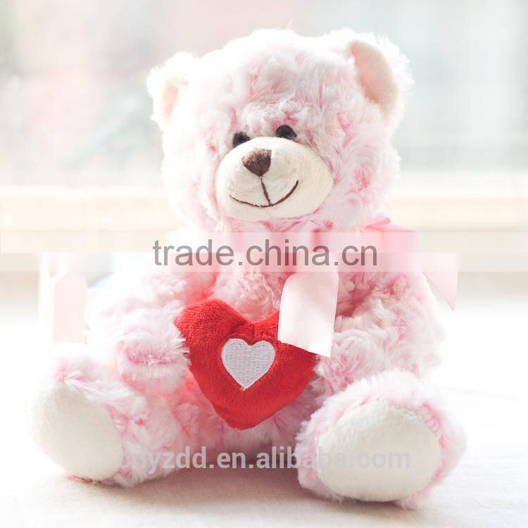 Plush Toy Pink Bear with Red Heart/Soft Bear Toy Sitting High 20cm with Pink Silk Bow/Soft Stuffed Bear Embroided Nose