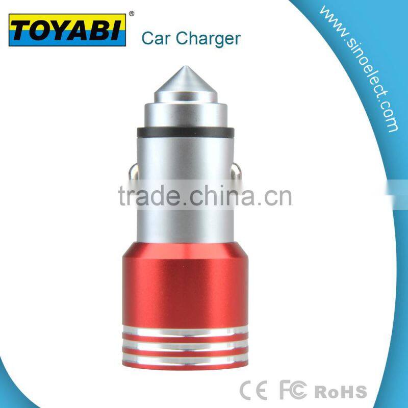 Stainless Steel Dual Port Car Charger for Mobile Phones Safety Hammer Window Broken Quick Charging Portable 2 USB Car Charger
