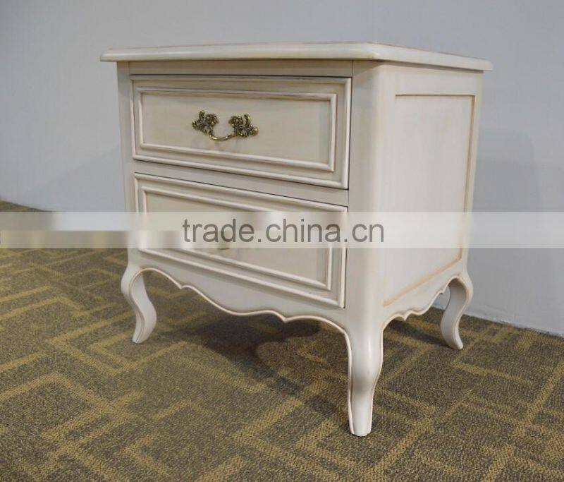 Vintage white french provincial antique furniture wooden beside table with 2 drawers