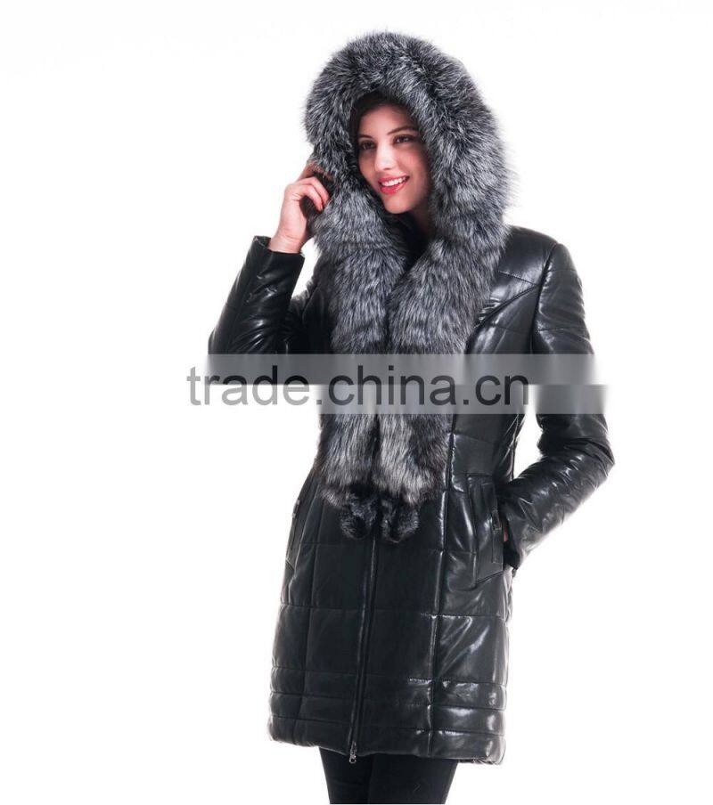 2015 Winter Medium Length Women Leather Jacket With Brown Fox Hat Overcoat