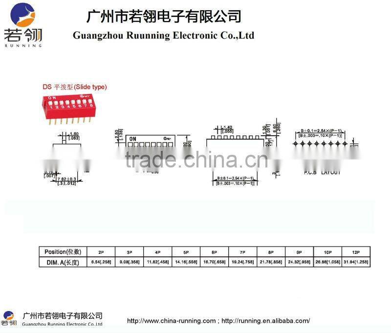 Blue/Red 9 Position 2.54mm Slide Type DIP Switch