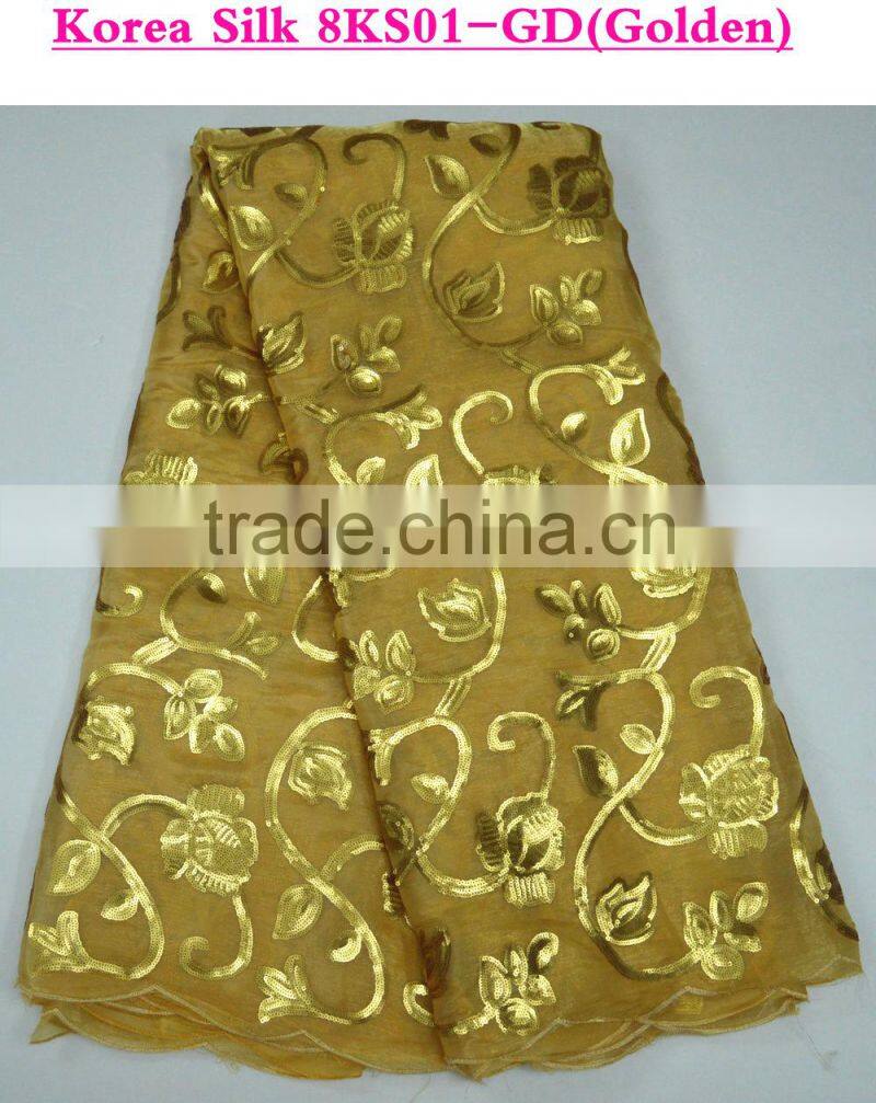 2015 summer newest lime green lace fabric korea silk with sequins