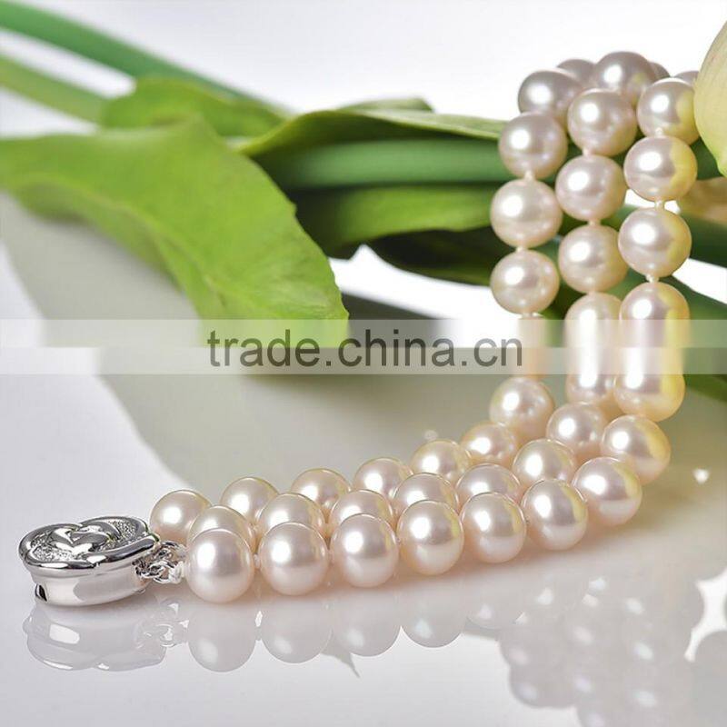 pearl jewelry fresh water pearl three layer bracelet white color near round shape aaa quality