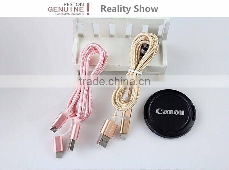 Braided aluminum head MFi 2 in 1 cable c48 to USB PVC multi usb data sync charger cable
