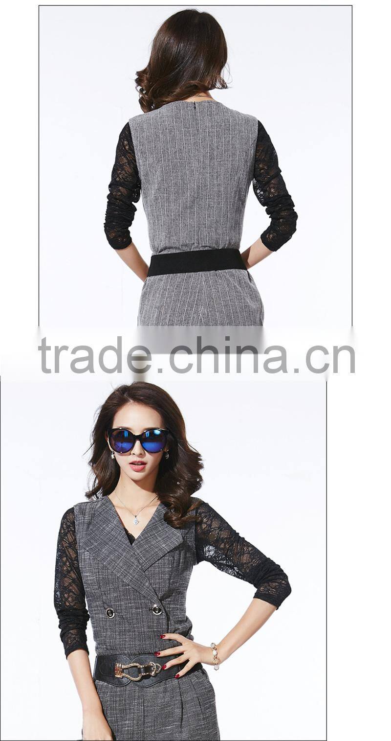 OEM 2015 Winter Lastest Design New High Waist Playsuits with Belt Fashion OL Long Romper Sleeveless Women Jumpsuits