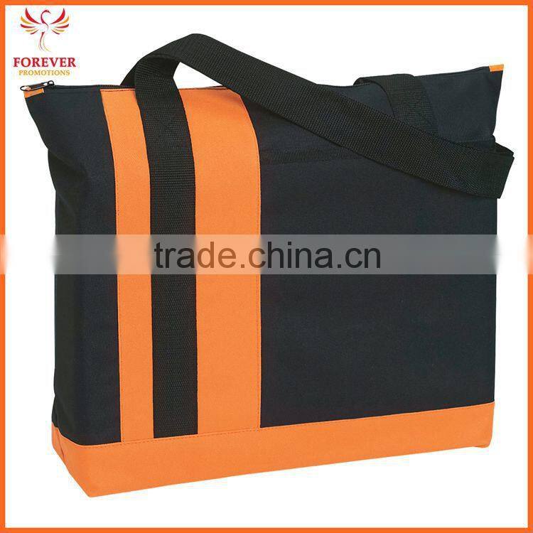 New Design Custom Larger Front Pocket 600 D Polyester Top Zippered Closure Tote Bag