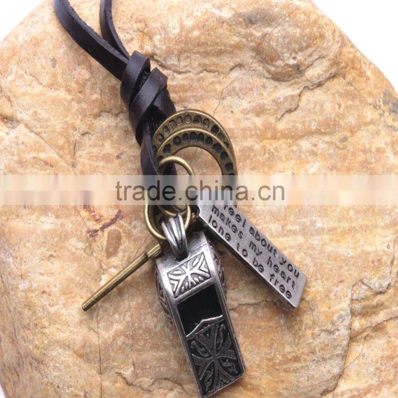 Vintage Genuine Leather Necklace with Antique Sliver Whistle Pendant.