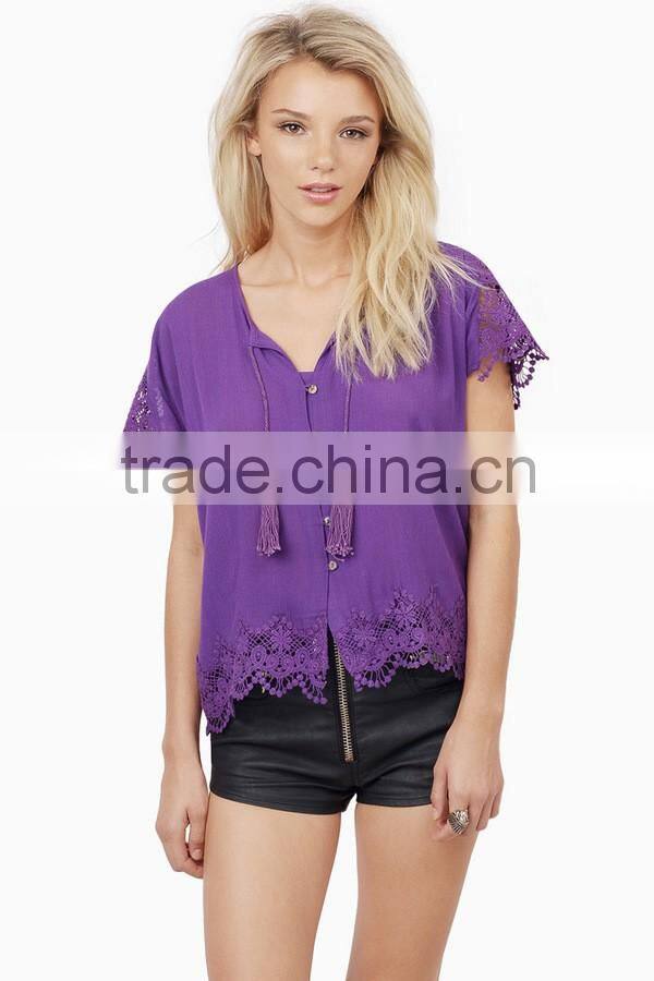 New arrival 2016 fashion embroidery bohemian blouse clothing for women wear, soft jersey lace insert women blouse with button
