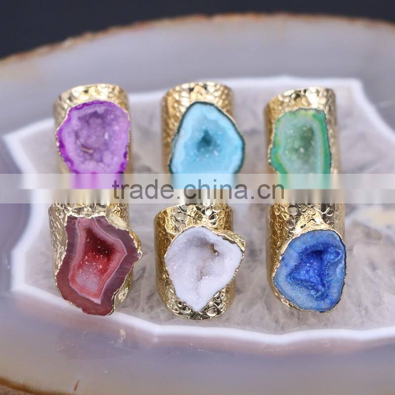 Mixed Colors Agate Geode Ring Golden Electroformed Freeform Drusy Druzy Gem stone Jewelry Rings