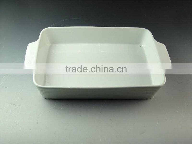 Stocklot 17inch rectangular shape yellow line glaze ceramic bakeware with handles