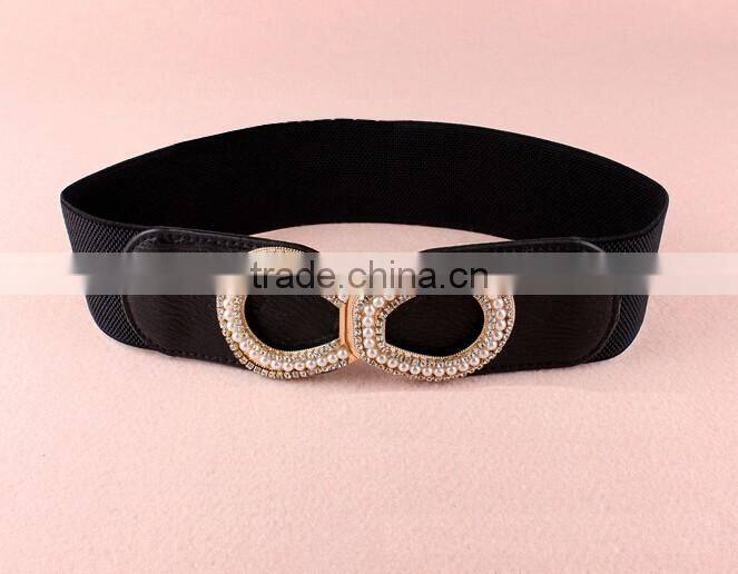 Wholesale pearl and rhinestone inlaid buckle sex women lady wide PU waist belt