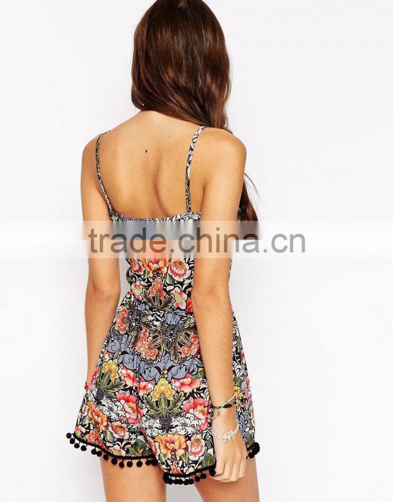 2015 China factory OEM ODM fashionable customized Cami Romper in Scarf Print with Pom Hem