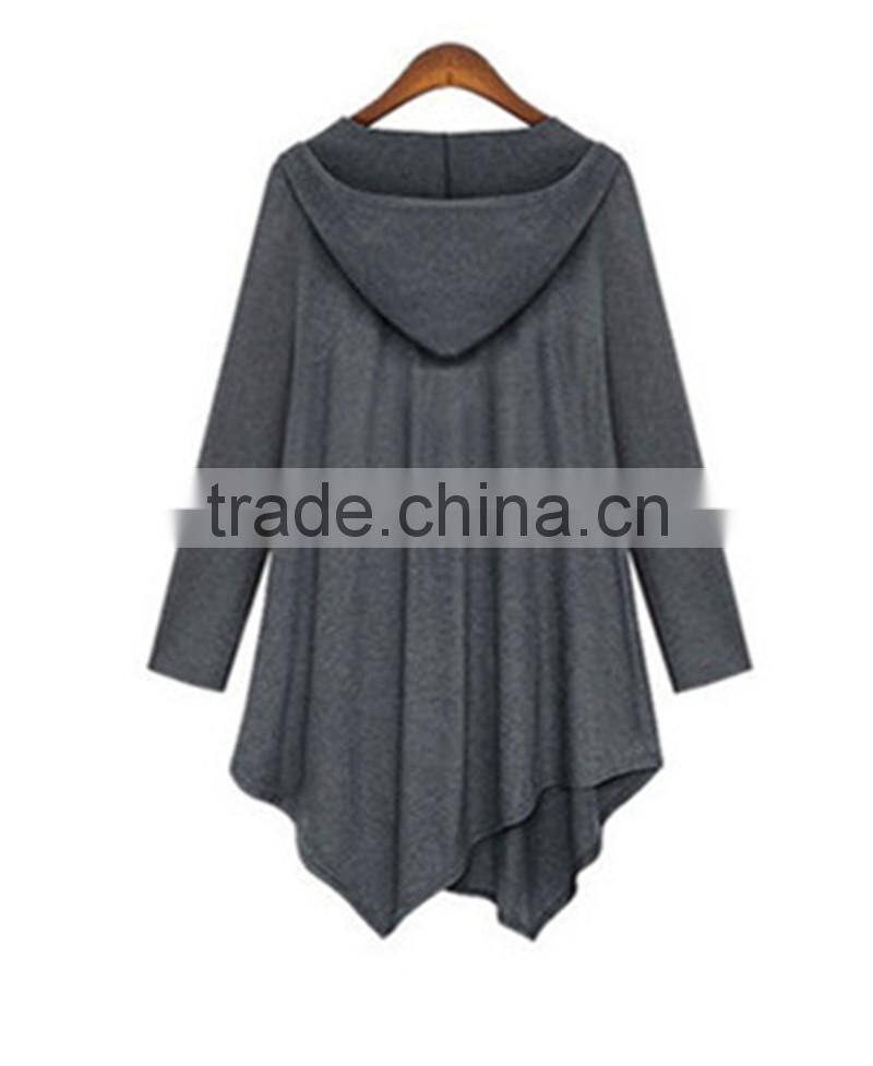 Cotton Trench Coat Women Autumn Winter Hoodied Overcoat Female Zipper irregularity Cardigans Grey Black Color Plus Size