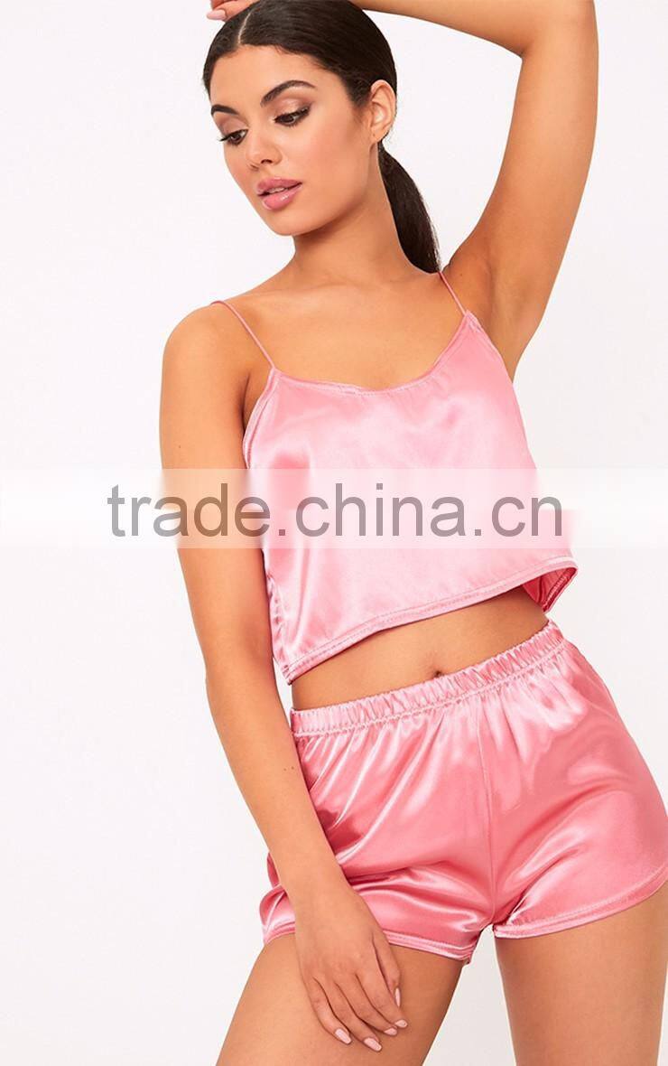 MGOO Shinny Singlet Pajamas Set Rose Satin Pyjama Shorts Set Two Pieces Women Sleepwear