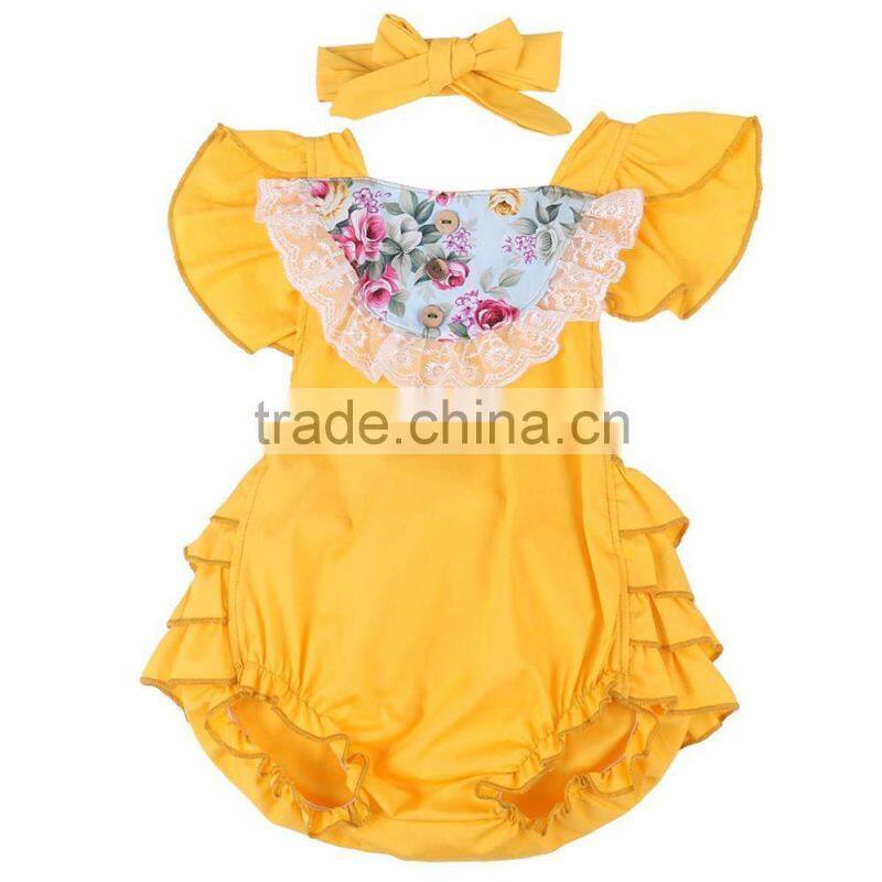 Vintage style baby girls romper 100% Cotton Satin Floral Printing Baby Romper With Lace Insert