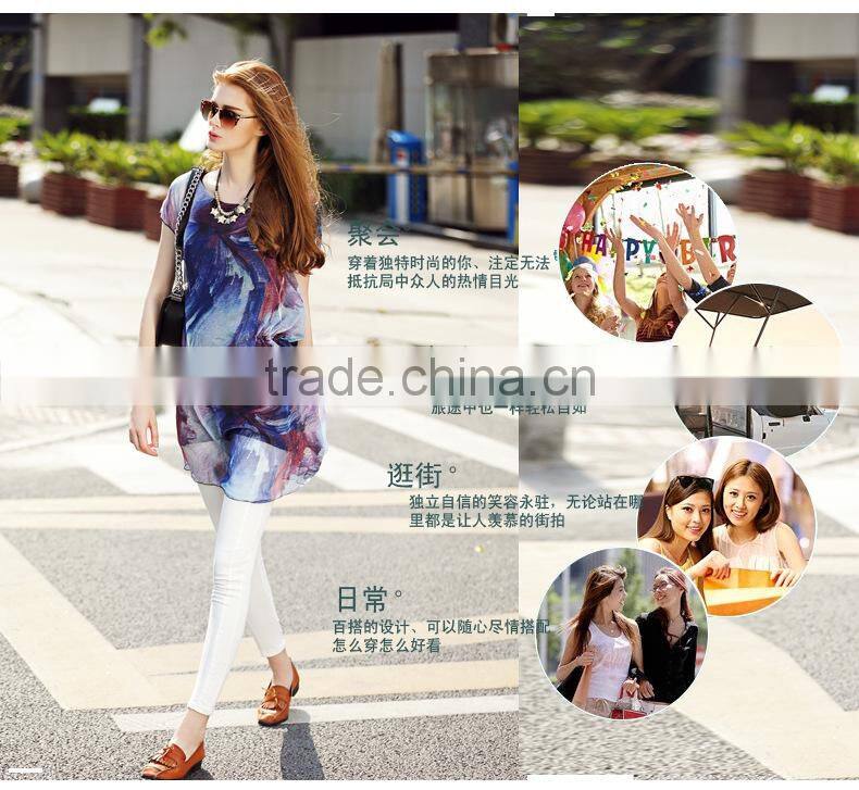 2016 Hotsale Ruffles women Short-sleeve Loose Slim Chiffon long blouse shirts tops with DIY Printing