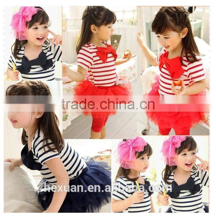 S80003T summer fashion striped bowknot T-shirts+ lace culottes , children clothing sets 2-5 years kids clothing sets