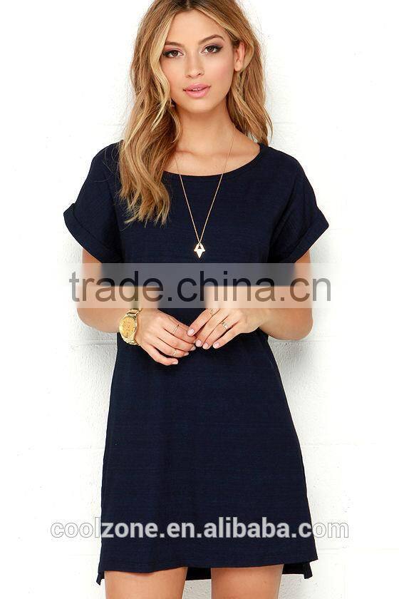 2015Latest ladies western dress designs roll sleeves shift dress for women