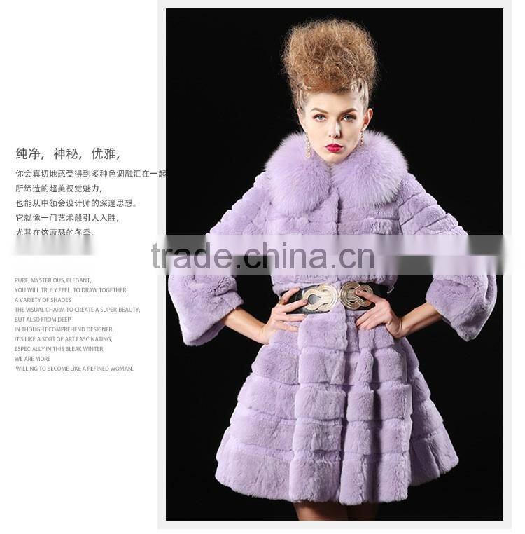 2017 real animal fur woman overcoat knit Rex rabbit fur with fox fur collar