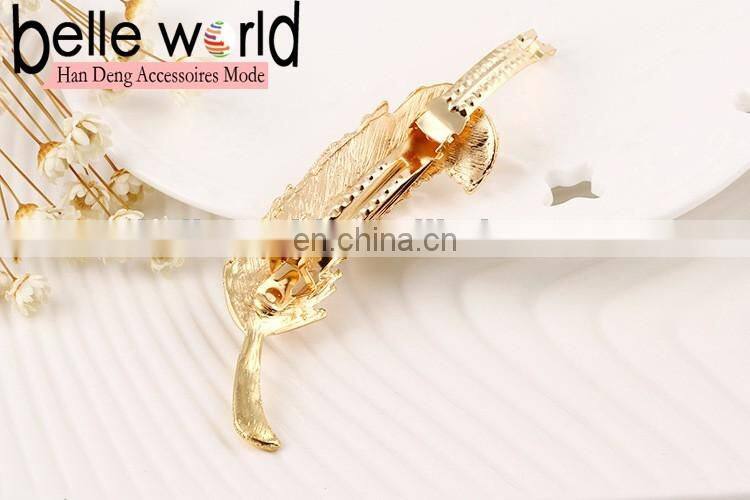 Fashion Gold Plated Rhinestone Crystal Feather Hair Clip Hairpin Barrette