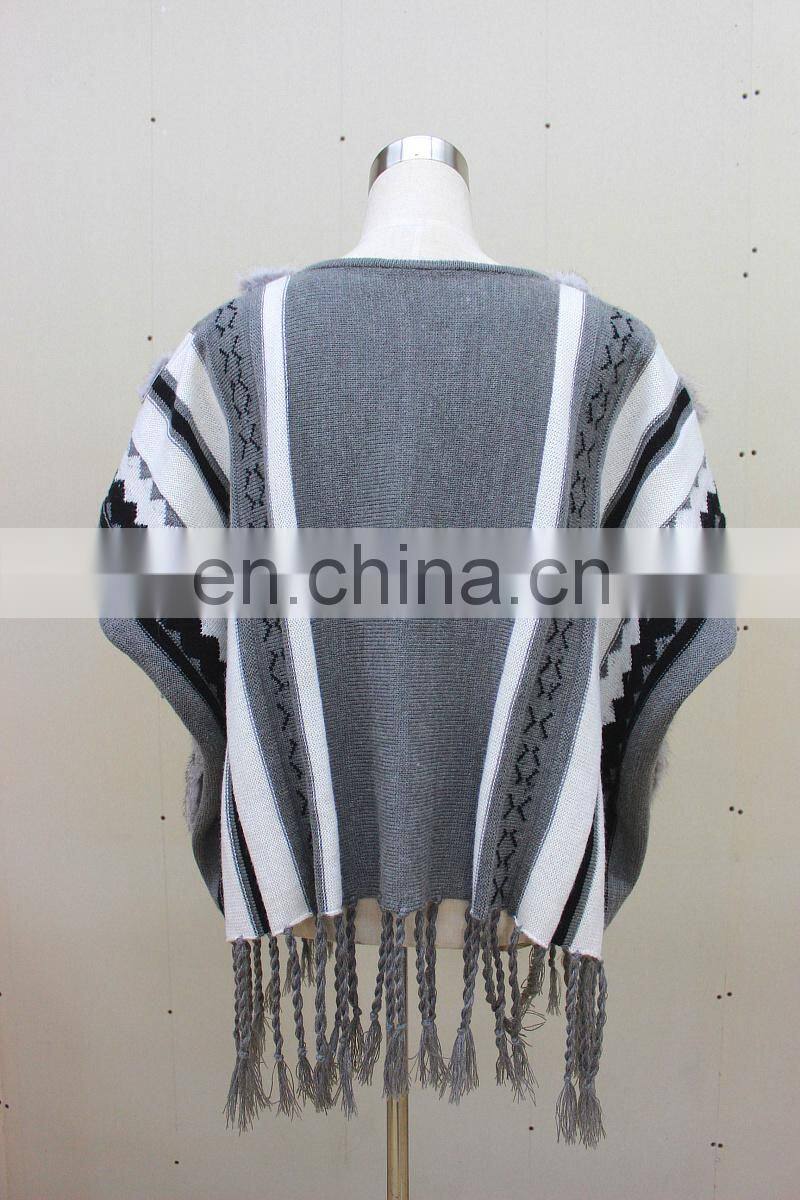 Vintage Style Rabbit Fur Knitted Shawls Fashionable Knit Shawls With Tassel Stylish Knitting Cape Poncho