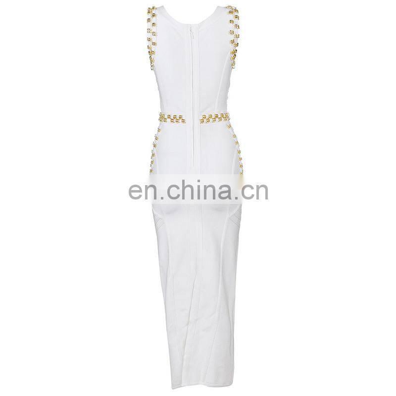 Amigo 2017 new design white sleeveless high slit heavy beaded sexy bandage dress maxi expensive evening dresses for women party