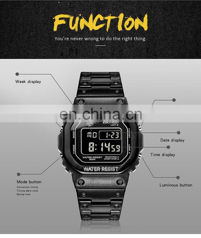 SANDA 390 Men Business Calendar Digital Watches Stainless Steel Week Display Back Light Waterproof Wristwatch