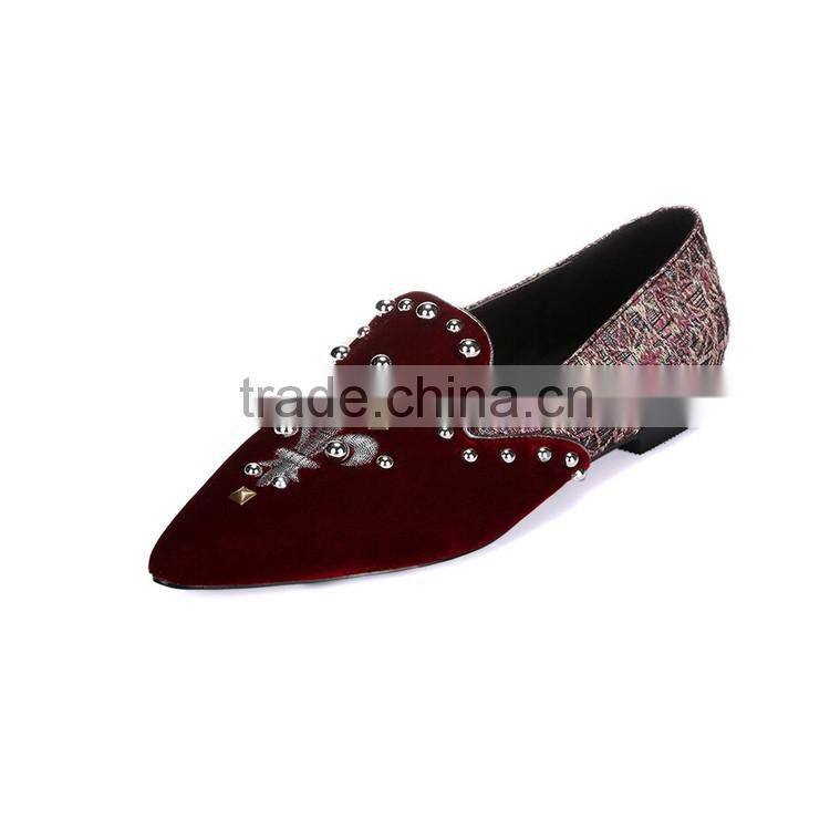 Latest fashion pointed toe pump shoes Coolest rivet decorated corduroy shoes Leisure joker embroider pump flat shoes
