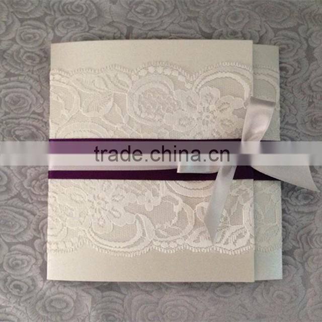 Hot sale elegant & personalized white lace wedding invitations with purple&white ribbons