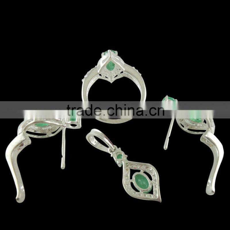 925 Sterling Silver Oval Cut Emerald Green Russian CZ Pendant Earrings Matching Set Wedding Gift Rhodium set Pendant ring earrin