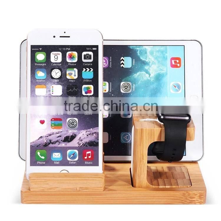 Bamboo Wood 3 in 1 Office Home Desk Cradle Holder with Phone Tablet Stand Wooden Holder