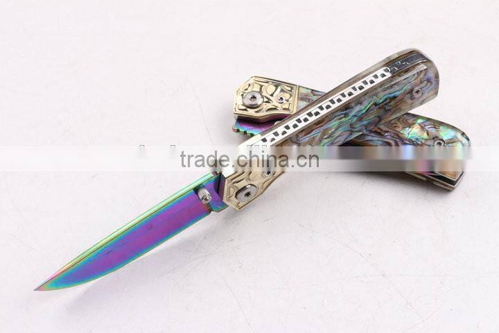 OEM Damascus blade material Silk color Abalone handle folding knife