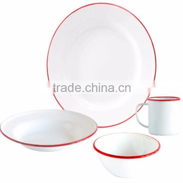 Vintage Enamelware Cereal Bowl - Solid White with Red Rim Enamel Dining Bowls