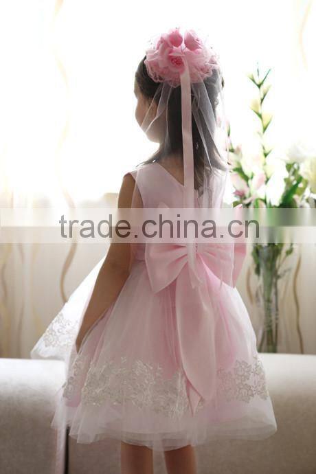 Customized Pink Scalloped Big Bow Back Lace Appliqued Skirt Flower Girl Dress FGZ25 Kids Clothes